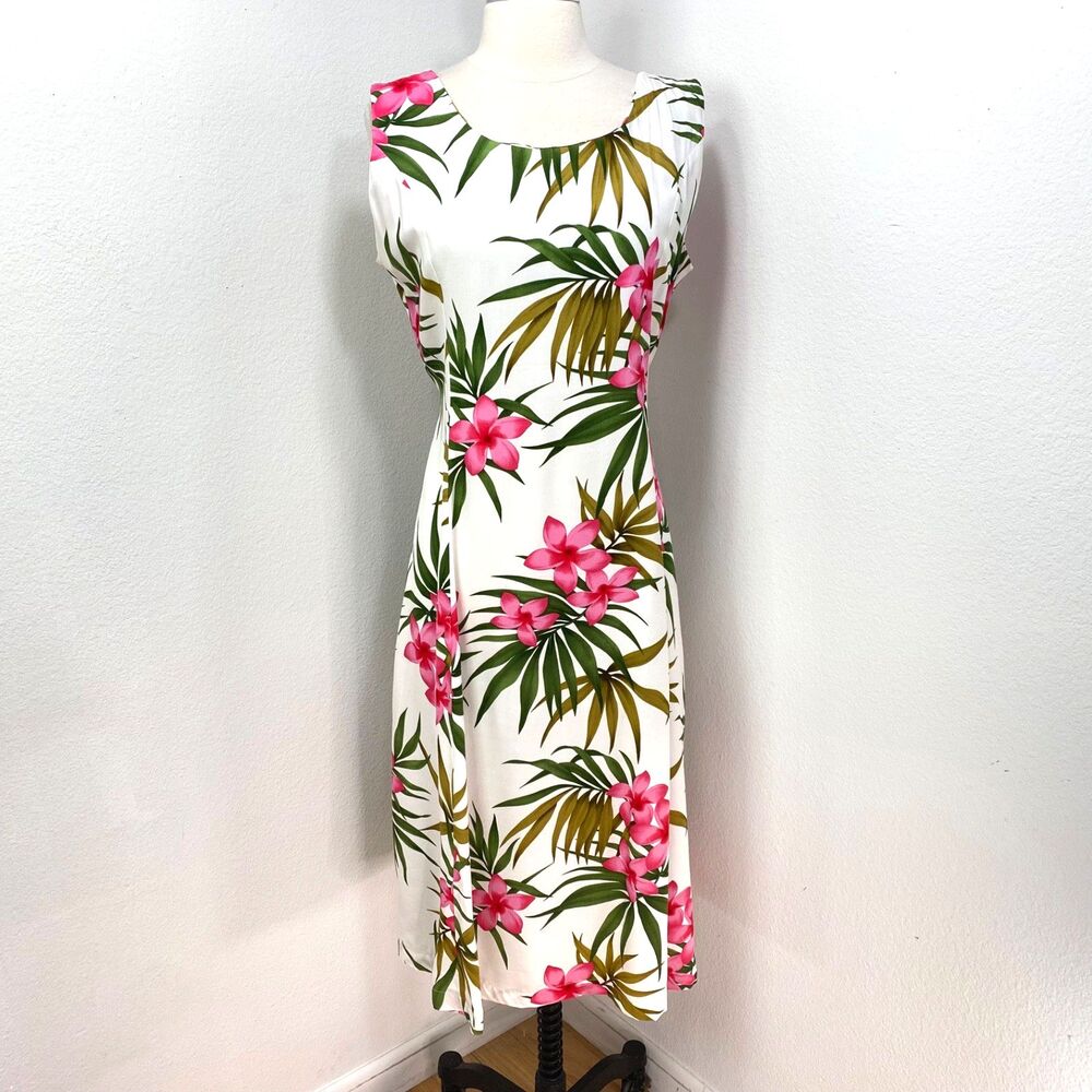 Paradise Bay Hawaiian Shift Dress XL Midi Pink Plumeria Flower Sleeveless Resort
